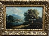 une peinture à l'huile représentant un paysage avec une rivière et un village au loin