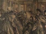 a painting of a group of people standing in a room