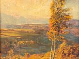 a painting of a tree in a field with a sky in the background