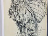 an old drawing of a woman carrying a sack of wheat