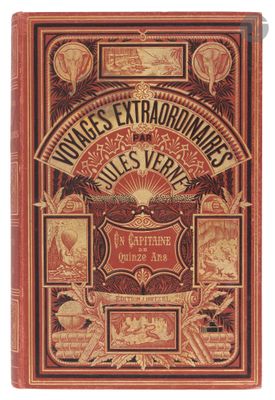 an old book with a red cover and gold lettering on it