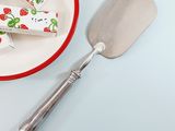 a plate with a piece of cake on it next to a spatula