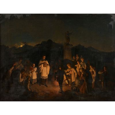 une image représentant un tableau où l'on voit un groupe de personnes rassemblées autour d'un feu