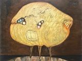 une peinture représentant un oiseau perché sur un morceau de bois