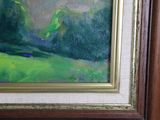 a painting of a green field with trees in the background