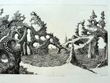 un dessin en noir et blanc représentant une scène de forêt