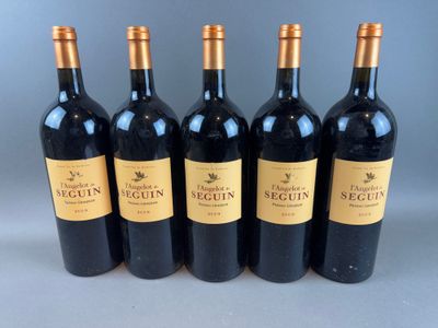 six bottles of red wine lined up in a row