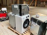 two appliances sitting on a pallet in a warehouse
