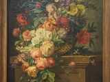 an oil painting of flowers in a vase on a table