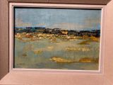 an oil painting of a beach scene with houses in the distance