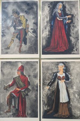 four paintings of people dressed in medieval clothing are hanging on a wall