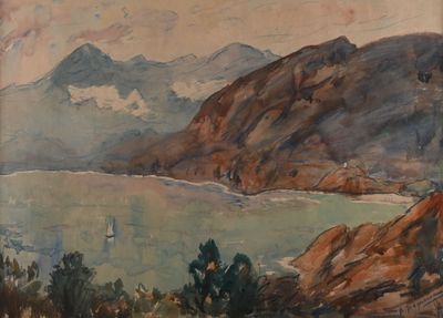 a painting of a view of a lake and mountains