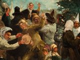 a painting of a group of people playing a game of frisbee
