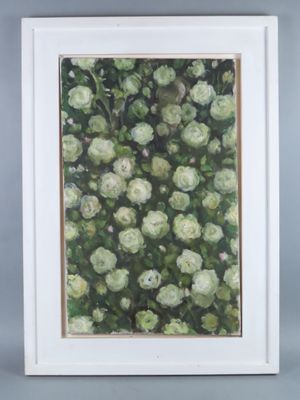 an oil painting of white flowers in a white frame on a gray background