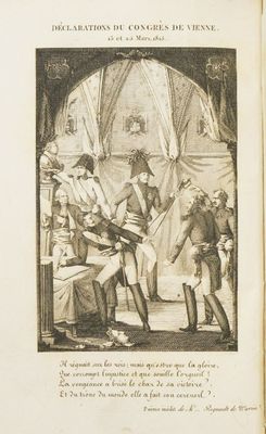 an old book with a drawing of a man holding a sword in front of a group of people