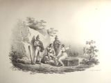 a drawing of a group of people standing in a field
