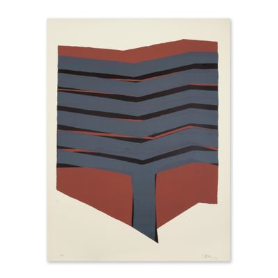 une peinture représentant un morceau de papier rayé de rouge, de bleu et de noir