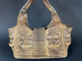 an image of a beige snake skin handbag on a black background