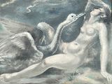 un tableau représentant une femme et deux cygnes allongés sur le sol