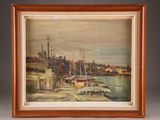 an oil painting of a harbor scene with boats on the water