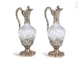 pair of antique silver and glass vases on stand on white background