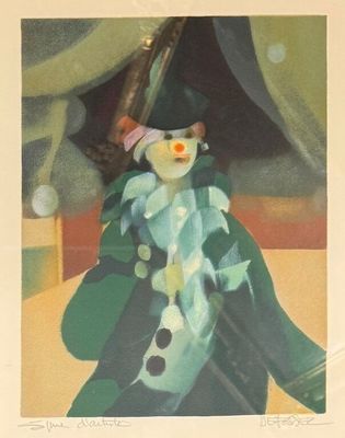 une photo d'un tableau représentant un clown vêtu d'un manteau vert