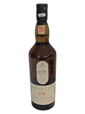 a bottle of whisky with a white label on it