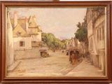 painting of a street scene with a horse drawn carriage in the foreground