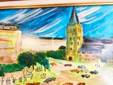 une photo d'un tableau représentant une ville avec une tour horloge en arrière-plan
