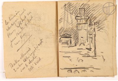 an old book with a drawing of a building and a postcard