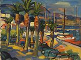 painting of palm trees and boats in a harbor with a mountain in the background