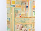 peinture représentant un tableau représentant un paysage urbain avec un banc au premier plan