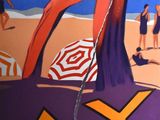 painting of a beach scene with people on the sand and umbrellas
