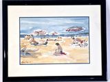 a picture of a painting of people on the beach