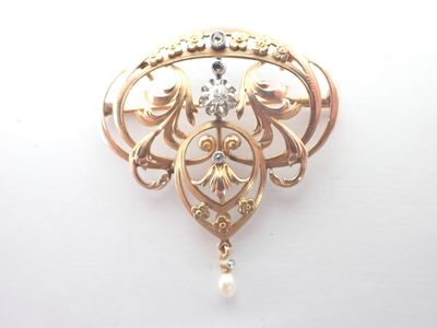 Broche 1900, en or, diamant, rose et perle, poids 7,9g - Photo 1