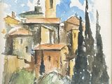 une image représentant une aquarelle d'un bâtiment doté d'une tour horloge