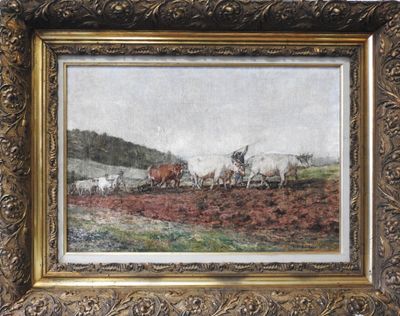 a picture of a painting of a man plowing a field with horses