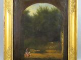 une peinture à l'huile représentant un homme et une femme dans un décor boisé