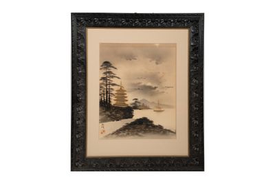 un tableau représentant un paysage de montagne avec des pins au premier plan