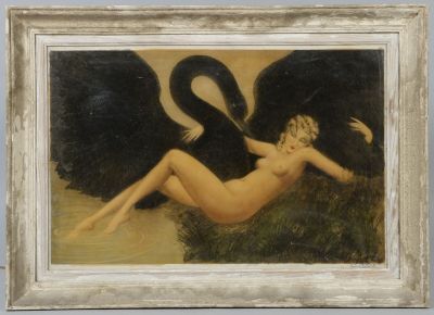 painting of a nude woman laying on a body of water with two black swans in the background