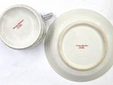 two cups and a saucer sitting on a table