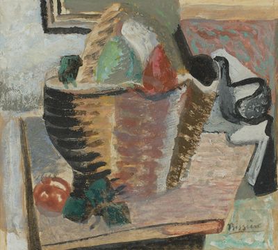 un tableau représentant un oiseau perché sur une table, à côté d'une corbeille de fruits