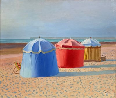 tableau représentant trois parasols sur une plage de sable au bord de la mer