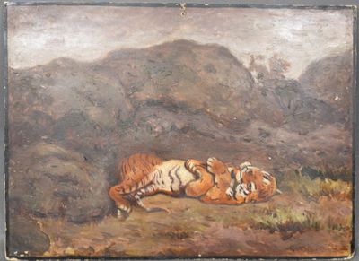 tableau représentant deux tigres se reposant au sol devant une montagne