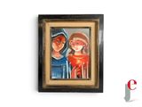 tableau représentant deux femmes en robe bleue et un homme au chapeau rouge