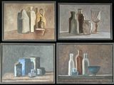painting of four different bottles and vases on a table