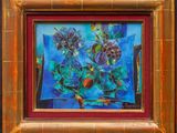 une peinture à l'huile représentant des fleurs dans un vase, dans un cadre doré