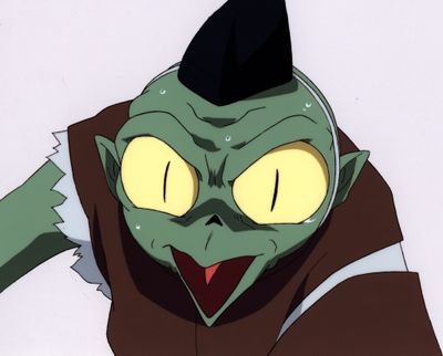 animation animation production cel of a green zombie with a black hat