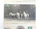 two old black and white photos of horses and riders in a field