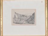 a drawing of a mountain scene with trees in the foreground